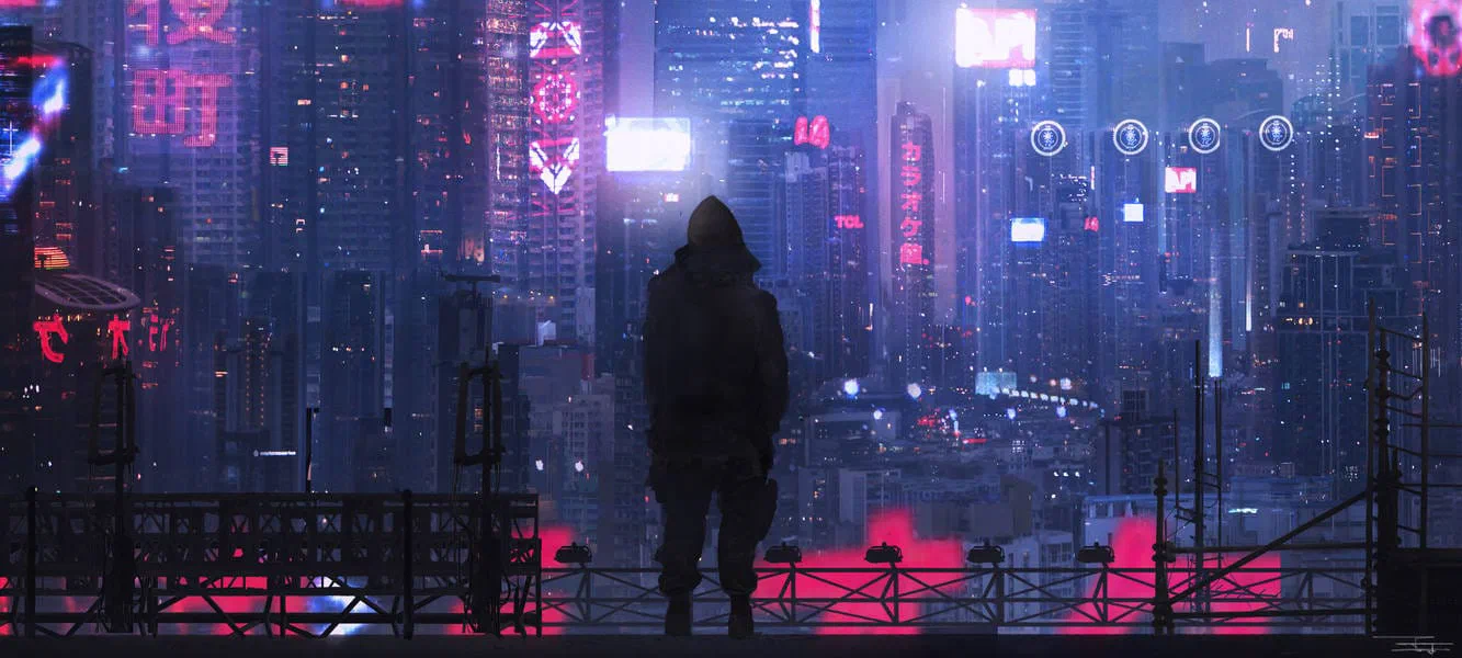 A hooded figure, standing on a balcony, and looking out across the night sky of a busy metropolis.
