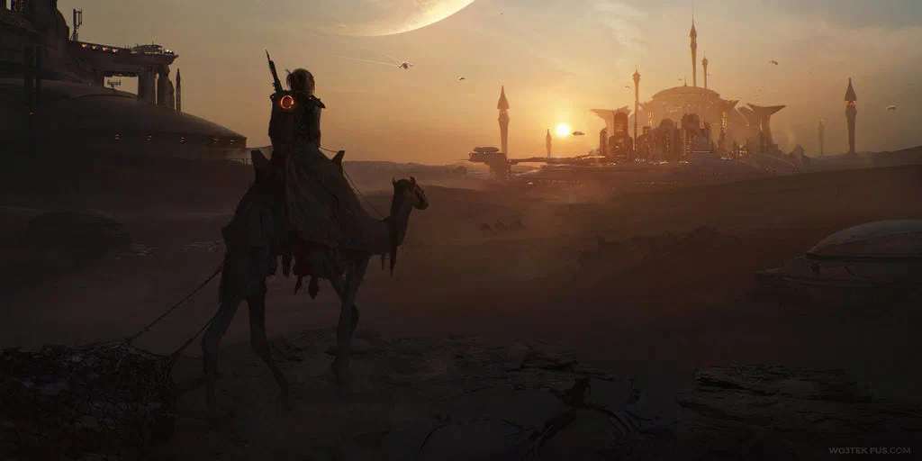 A figure on an alien-looking camel, staring at a small town in the far distance of a darkening desert.