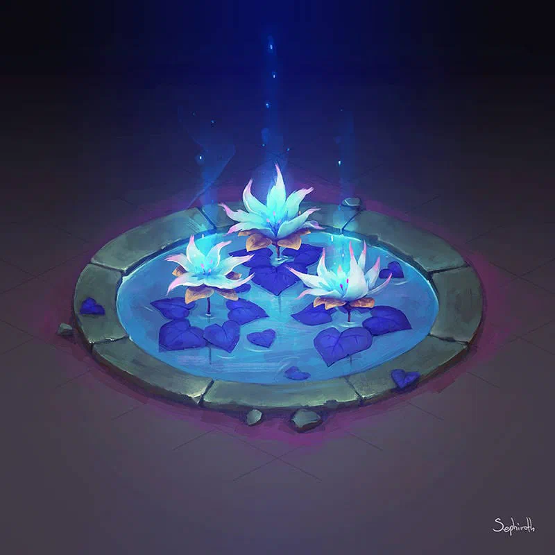 Three glowing lilies rising up out of a small blue pond ringed by a circle of stone.