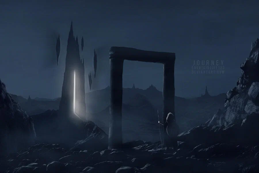 A figure standing before an archway of stone, looking into the distance where a glowing structure awaits.