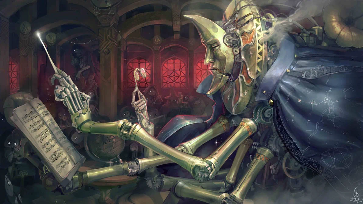 A three-armed robot with a gold mask in the shape of a quarter-moon on its face and a blue-black cloak with constellations on its back; one arm holds a staff of music, the second holds a conductor's baton, and the third peers at the music through opera glasses.